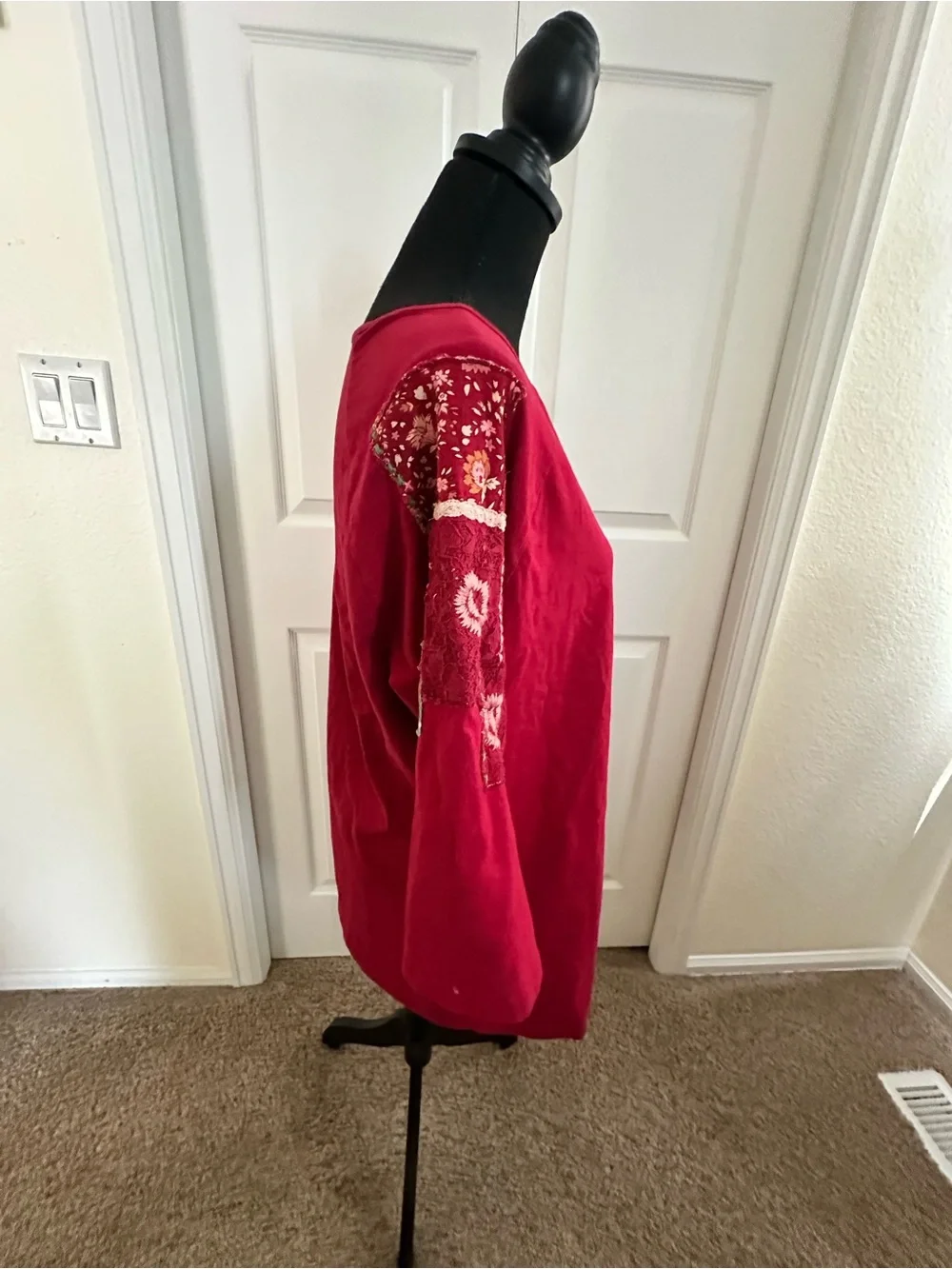 April Cornell Red Embroidered Sleeve Long Sleeve Top